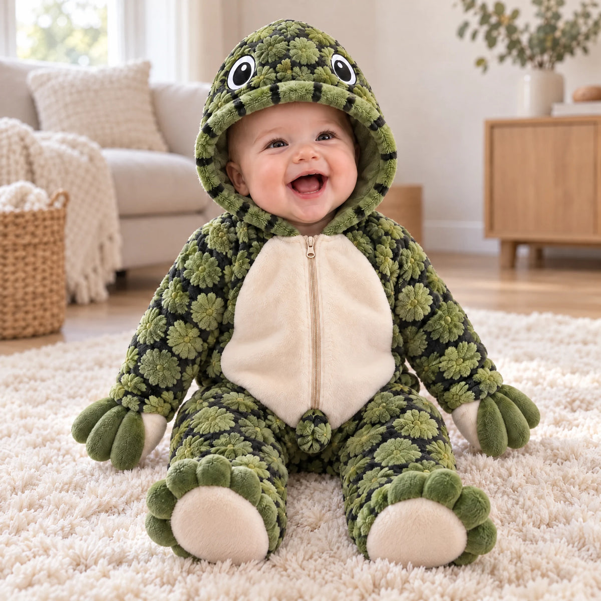 Smiling baby in the green Turtle Onesie with the hood up, sitting on a cream rug