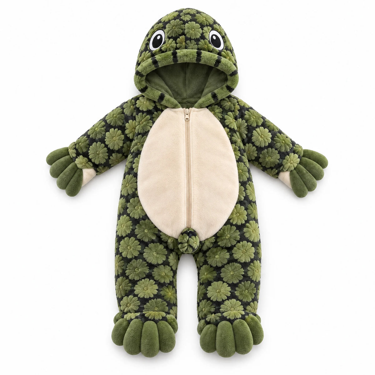 The Turtle Onesie from the front: green patterned plush with a cream zip-up tummy panel and turtle feet