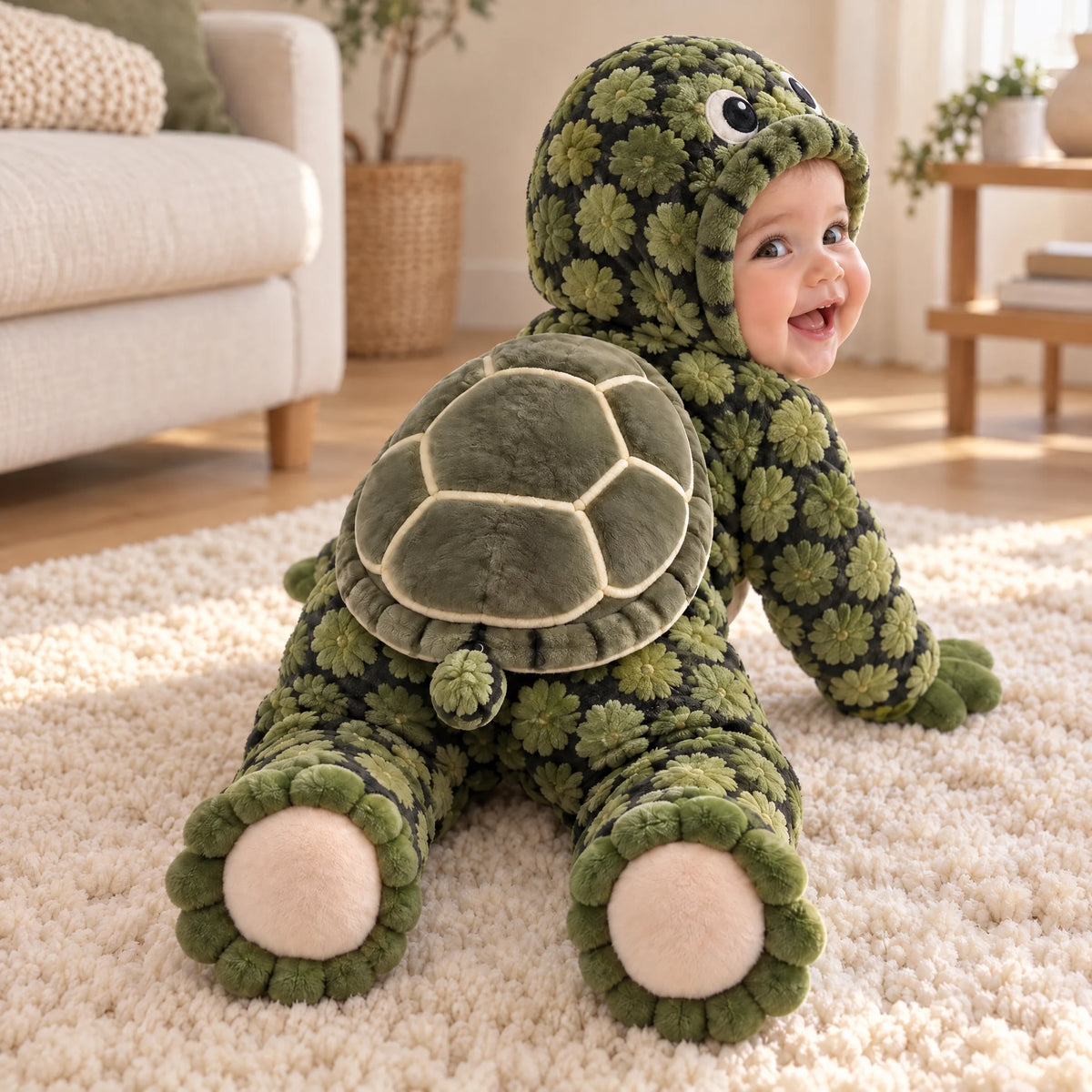 Baby in the Turtle Onesie seen from behind, showing the plush turtle shell and tiny tail