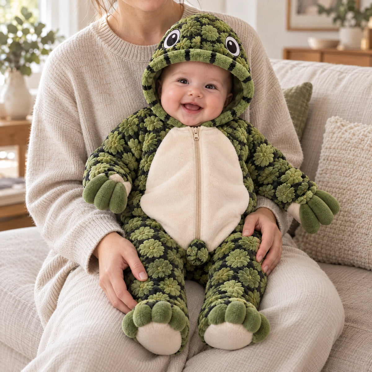 Parent holding a smiling baby in the Turtle Onesie on their lap