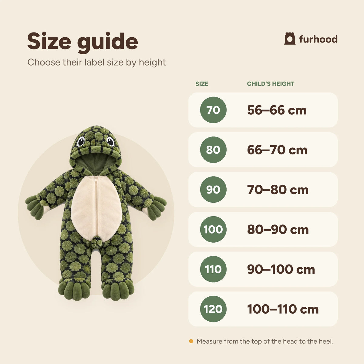 Turtle Onesie size guide: sizes 70 to 120 by child's height, from 56 to 110 cm