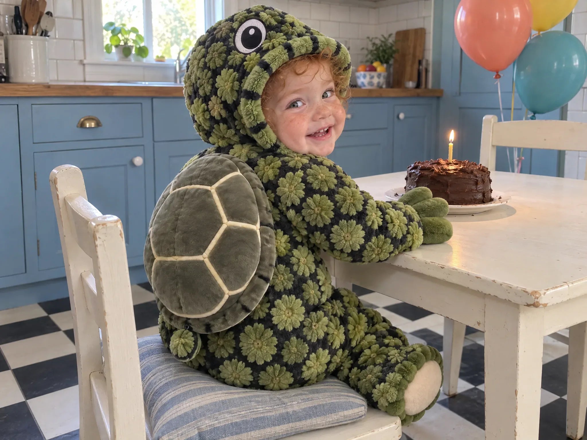 A toddler in the Turtle Onesie at a birthday table with one candle