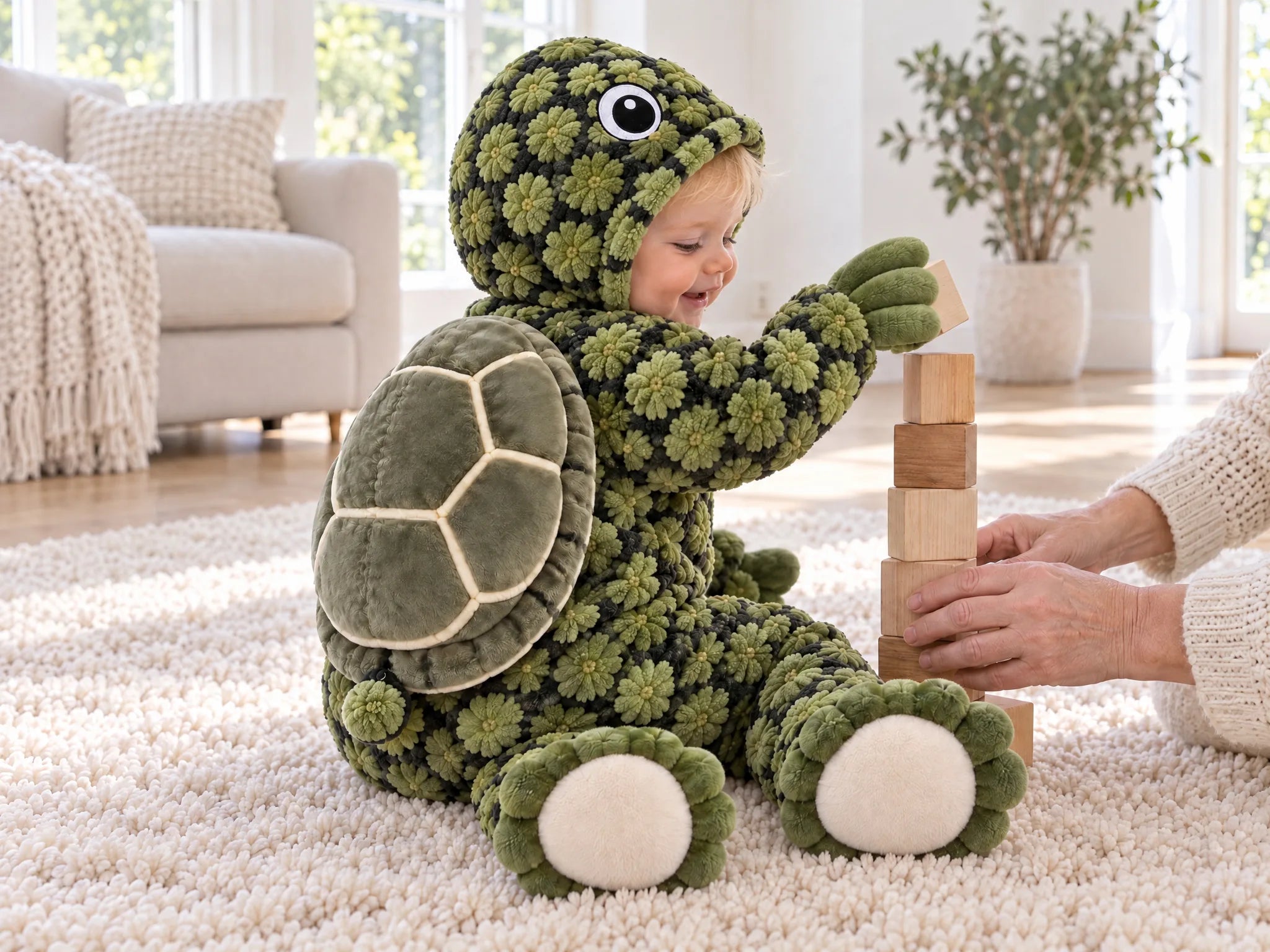 A toddler in the Turtle Onesie on a grandparent's lap, laughing