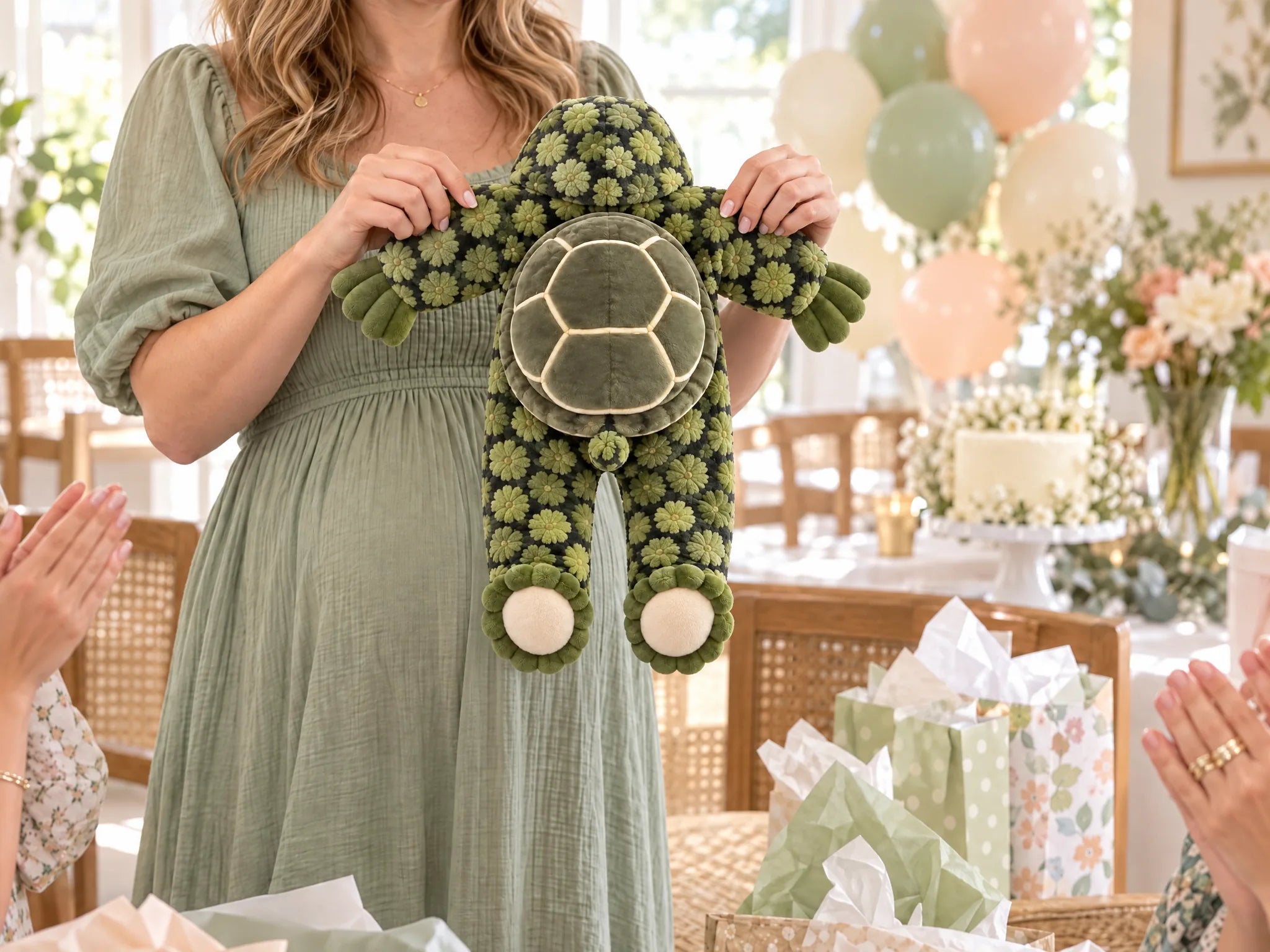 The Turtle Onesie folded in a gift box with the plush shell on top