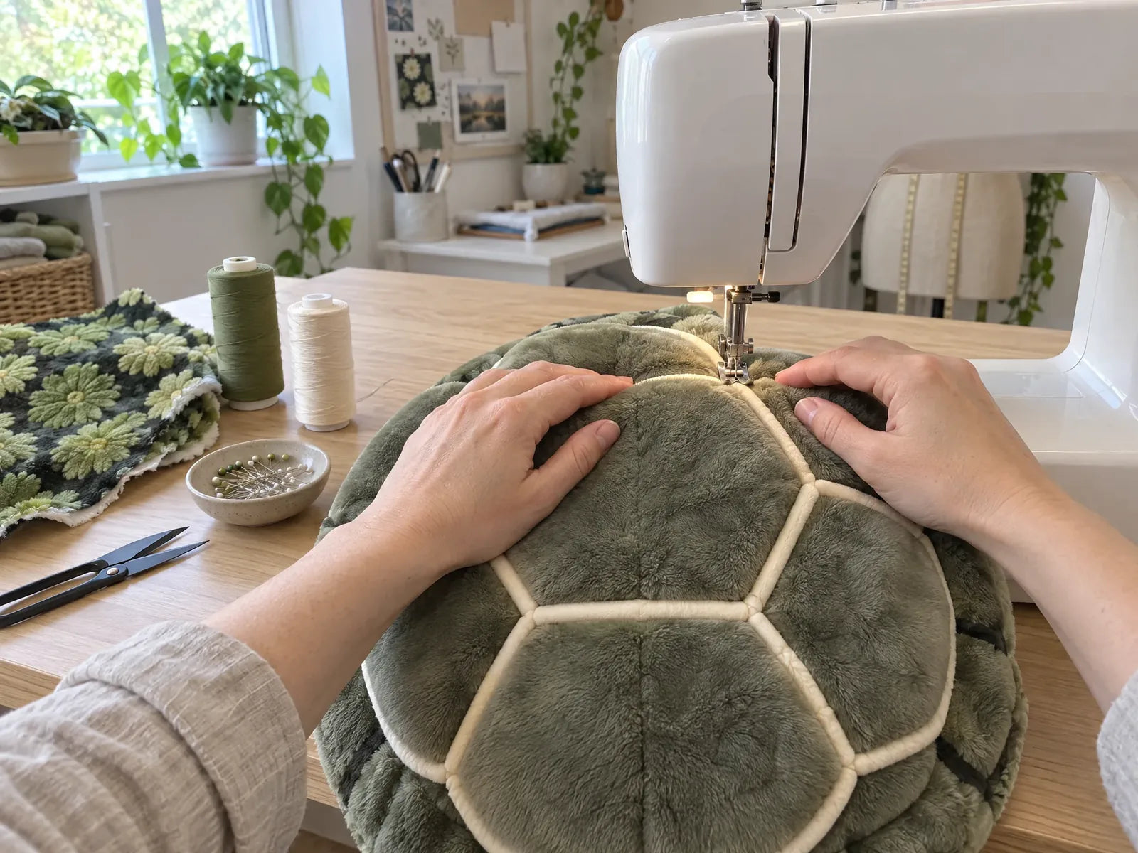 Stitching the cream piping on the plush turtle shell