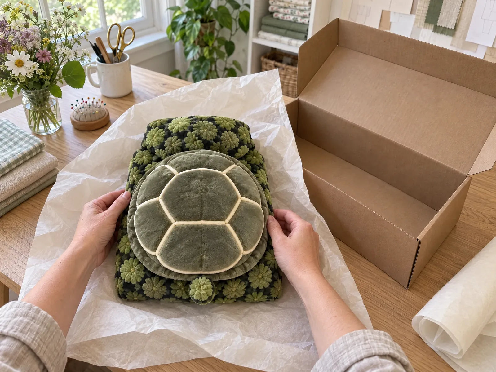 Folding the Turtle onesie shell-up on tissue paper