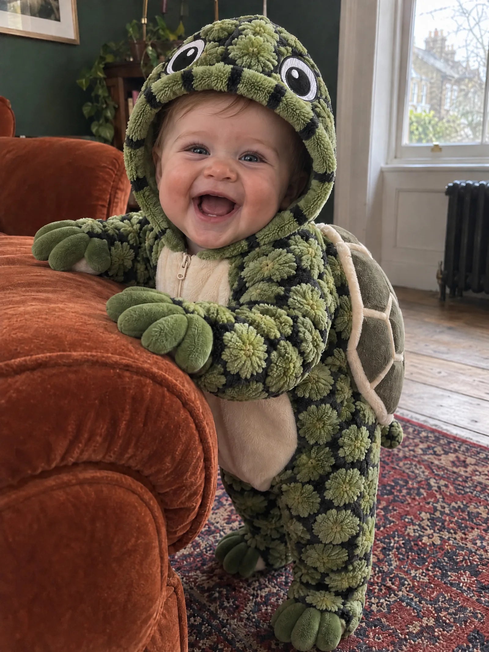 A baby in the Turtle Onesie laughing, holding the arm of a sofa