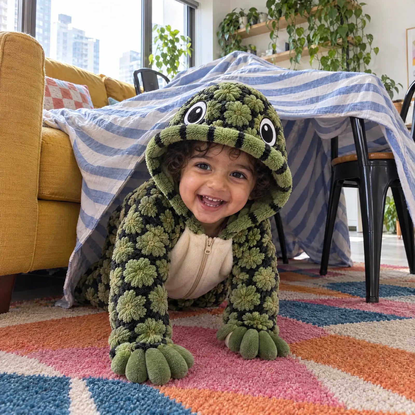 A toddler in the Turtle Onesie crawling out of a blanket fort
