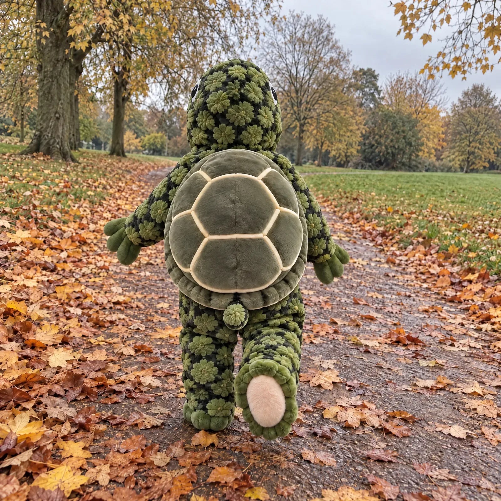 A toddler in the Turtle Onesie walking through autumn leaves in the park
