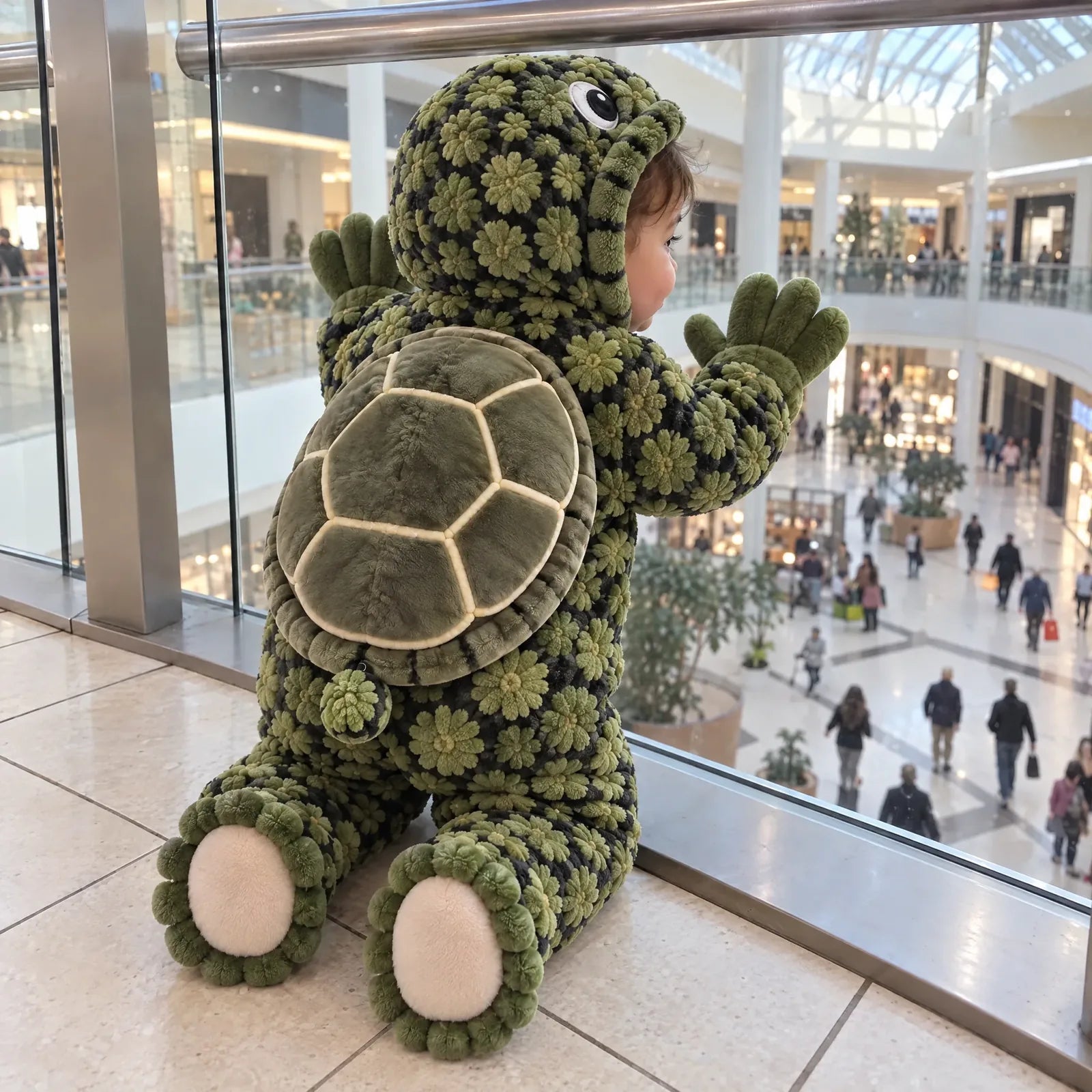A toddler in the Turtle Onesie looking down into a shopping centre atrium